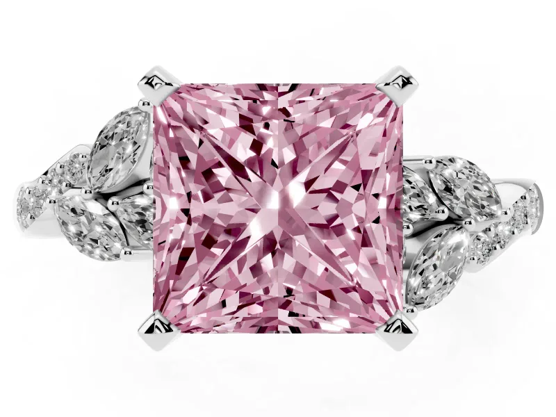 Fancy Pink Princess Cut Diamond Solitaire Ring Set in White gold with Marquise Twist Band and Prong Setting