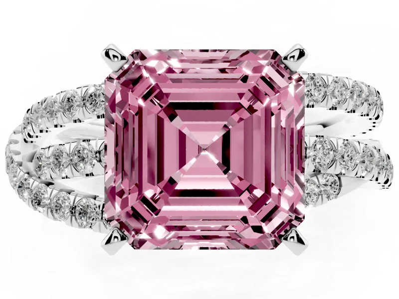 Fancy Pink Asscher Cut Diamond Solitaire Twist Band Ring Set in Silver with Pavé Setting and Prong Head