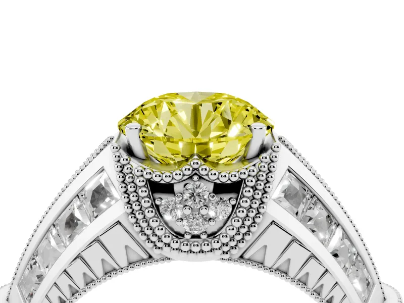 Fancy Yellow Round Cut Diamond Vintage-Inspired Milgrain Ring Set in White gold with Accent Split Shank