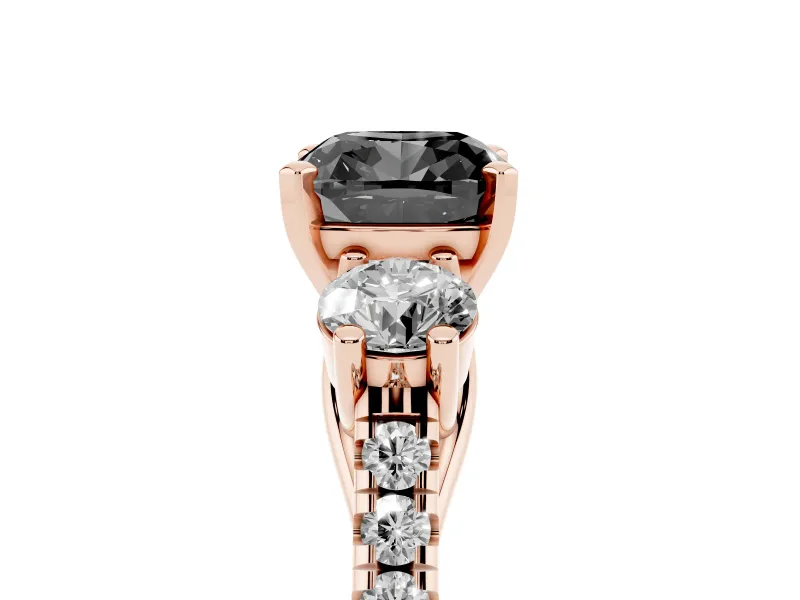 Cushion Cut Three-Stone Engagement Ring Setting for a Black Center | Pavé Shoulders | Rose Gold