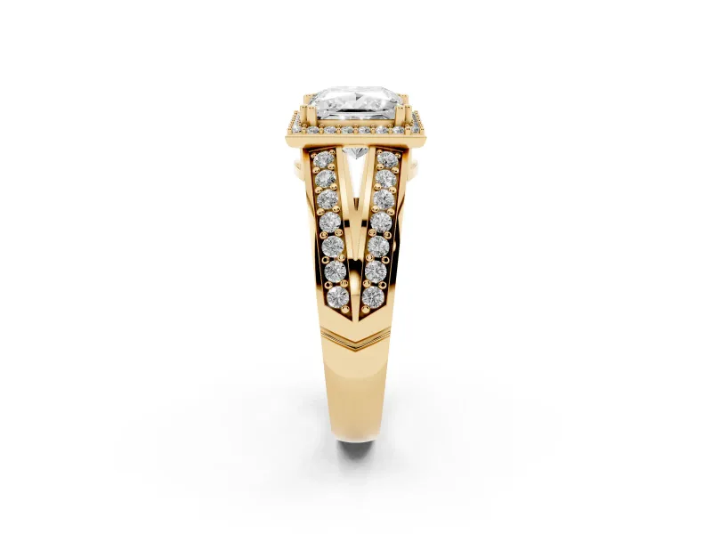 Princess Cut Halo Engagement Ring Setting | Two-Row Pave Split Shank | Yellow Gold
