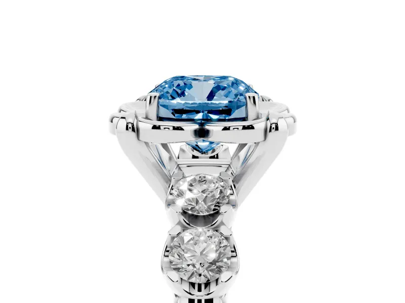 Cushion Cut Floral Engagement Ring Setting for a Fancy Blue Lab-Grown Diamond | Petal Frame and Side Stones | Platinum