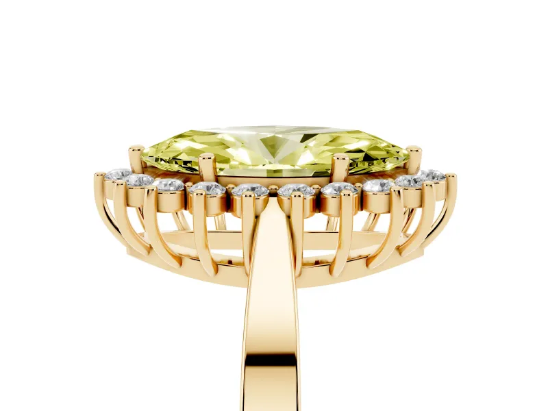 Fancy Yellow Marquise Cut Diamond Halo Ring Set in Yellow gold with Round Halo and Smooth Solitaire Band