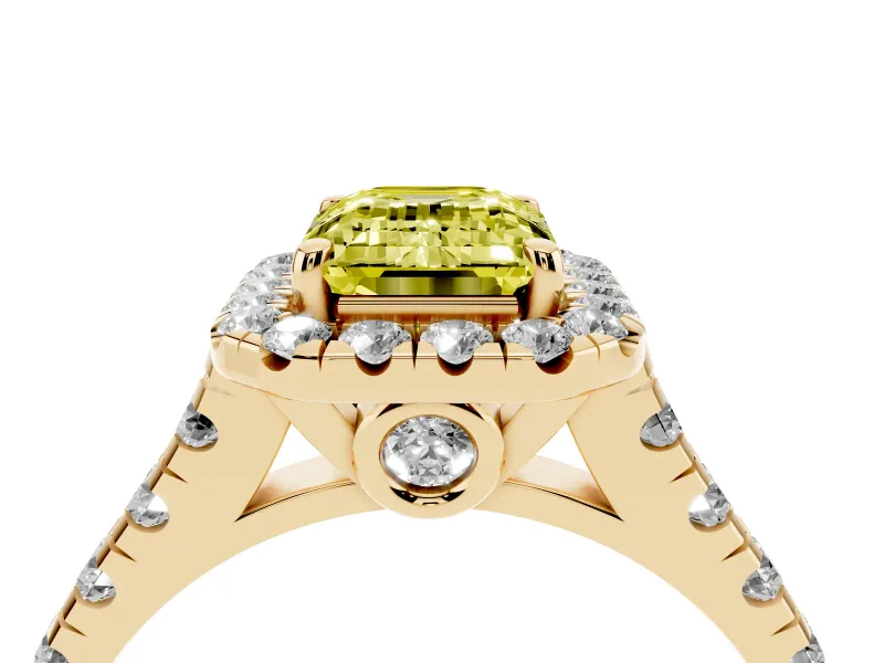 Emerald Cut Accented Halo Engagement Ring Setting for a Fancy Yellow Lab-Grown Diamond | Yellow Gold