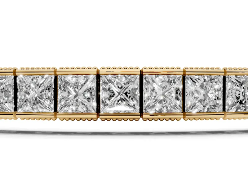 Princess Cut Diamond Channel Set Tennis Bracelet Set in Yellow gold with Box Clasp