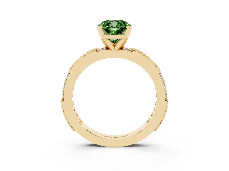 Fancy Green Cushion Cut Diamond Solitaire Ring Set in Yellow gold with Slim Pavé Band and Prong Setting