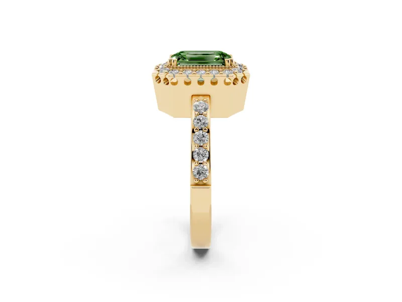 Emerald Cut Milgrain Halo Engagement Ring Setting for a Fancy Green Lab-Grown Diamond | Pavé Shoulders | Yellow Gold
