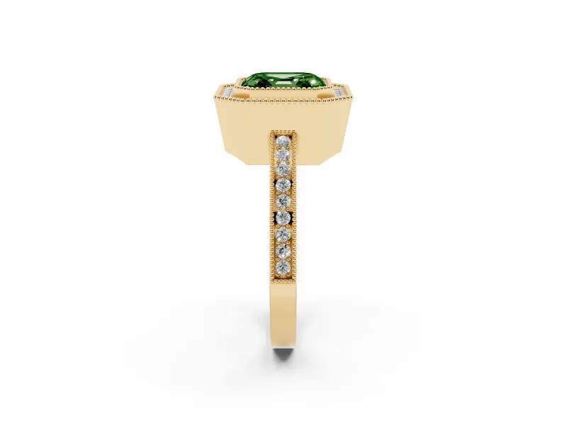 Fancy Green Asscher Cut Diamond Halo Ring Set in Yellow gold with Pavé Band and Milgrain-Edged Prongs