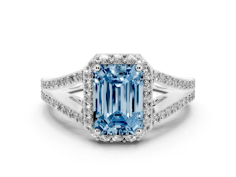 Fancy Blue Emerald Cut Diamond Halo Split Shank Pavé Ring Set in Platinum with Prong Setting