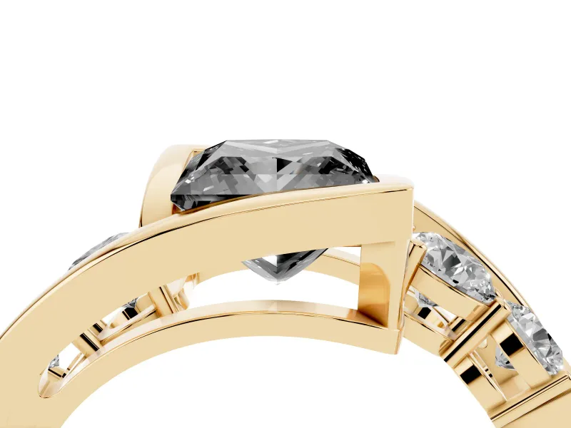Fancy Black Princess Cut Diamond Bezel Bypass Ring Set in Yellow gold with Round Accents