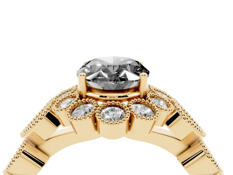 Oval Scalloped Halo Engagement Ring Setting for a Black Center | Heart Pavé Band | Yellow Gold