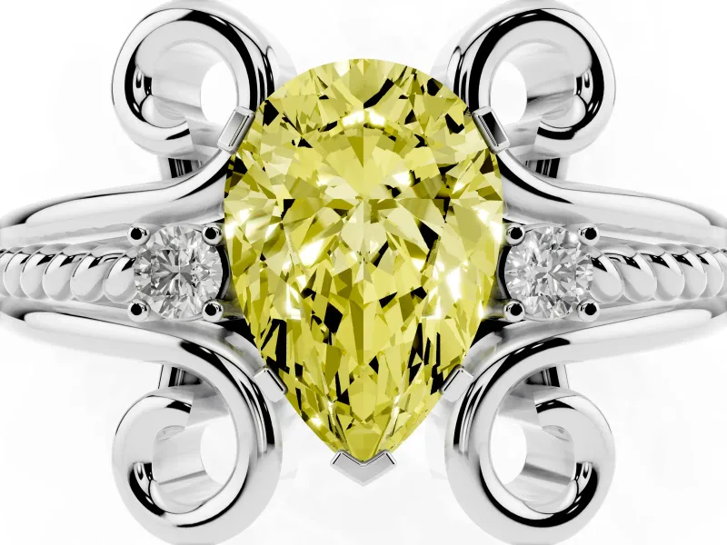 Fancy Yellow Pear Cut Diamond Twisted Band Solitaire Ring Set in White gold with Scroll Prongs