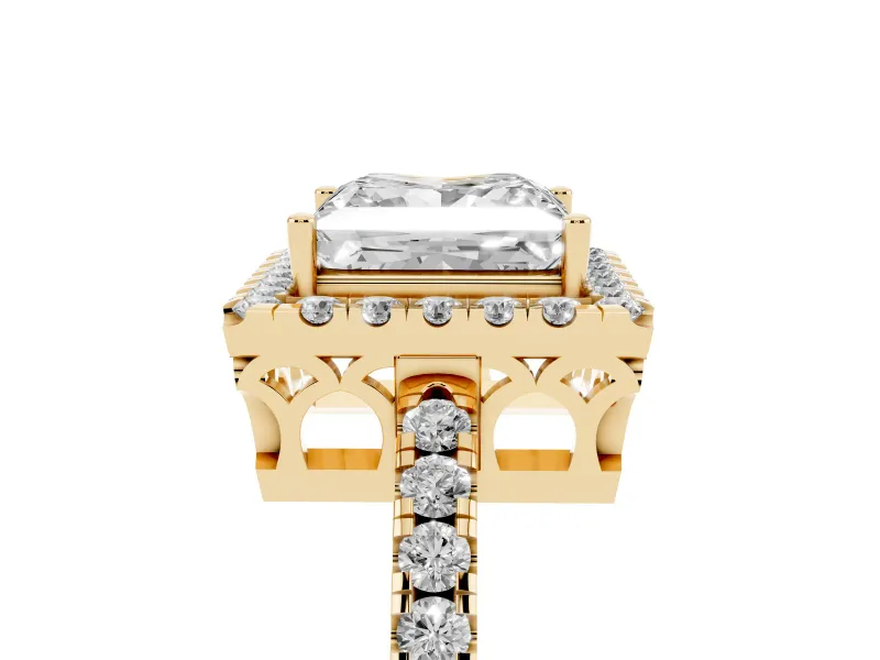 Princess Cut Diamond Pavé Band Halo Engagement Ring Set in Yellow gold with Prong Setting