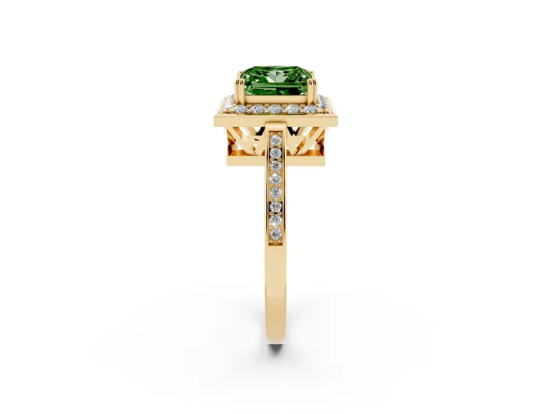 Princess Cut Halo Engagement Ring Setting for a Fancy Green Lab-Grown Diamond | Polished Halo Rim | Yellow Gold