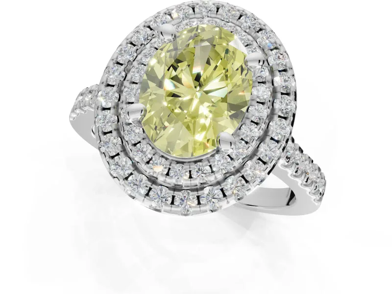 Canary Yellow Oval Lab-Grown Diamond Double Halo Statement Ring Set in Sterling Silver with Pavé Band
