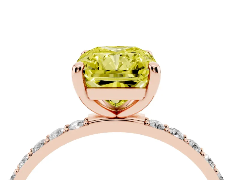 Radiant Cut Pave Solitaire Engagement Ring Setting for a Fancy Yellow Lab-Grown Diamond | Pave Shoulders | Rose Gold