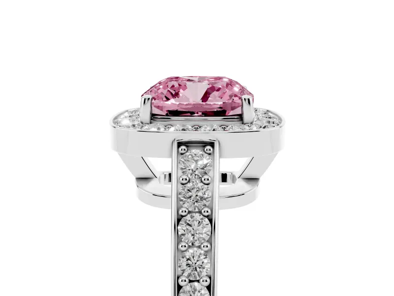 Fancy Pink Cushion Cut Diamond Halo Pavé Engagement Ring Set in Silver with Bezel Setting