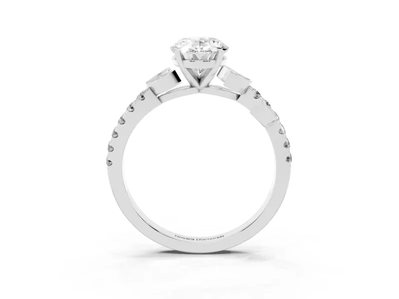 Oval Cut Diamond Solitaire Leaf-Inspired Ring Set in Silver with Pavé Band and Prong Setting