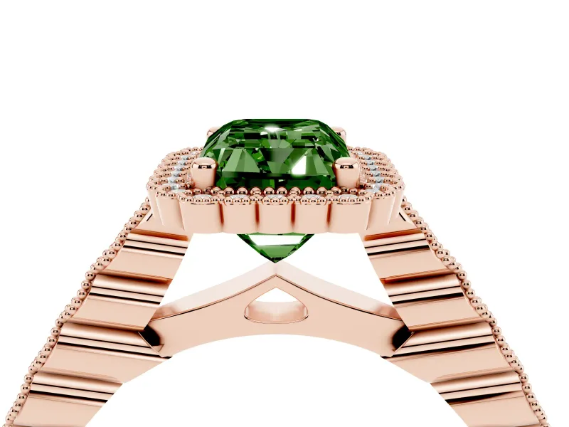 Radiant Cut Milgrain Halo Engagement Ring Setting for a Fancy Green Lab-Grown Diamond | Beaded Shoulders | Rose Gold
