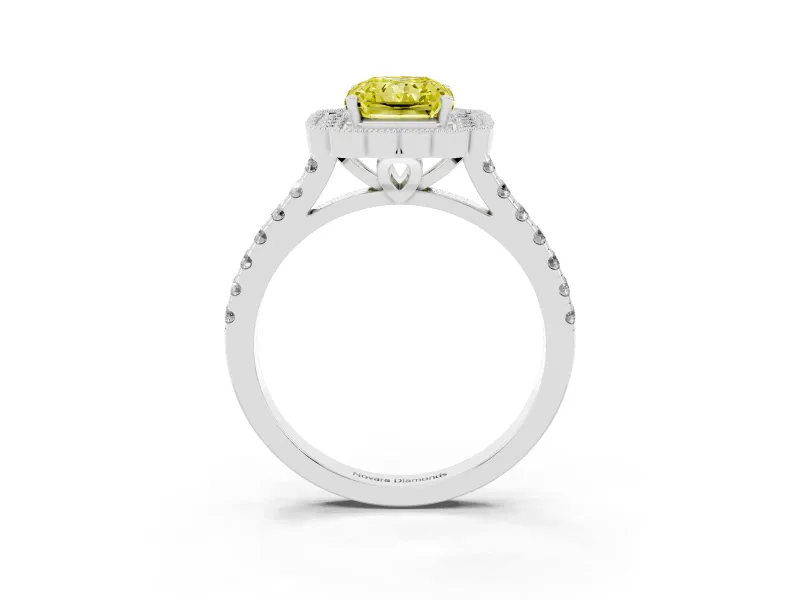 Fancy Yellow Radiant Cut Diamond Milgrain Floral Halo Engagement Ring Set in Silver with Pavé Band