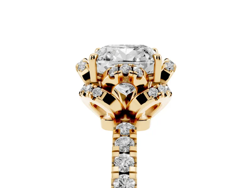 Cushion Cut Diamond Halo Pavé Band Ring Set in Yellow gold with Prong-Held Center