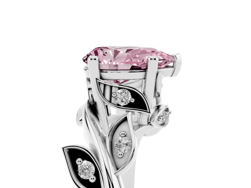 Fancy Pink Pear Cut Diamond Solitaire Twist Engagement Ring Set in Silver with Pavé Leaf Accents