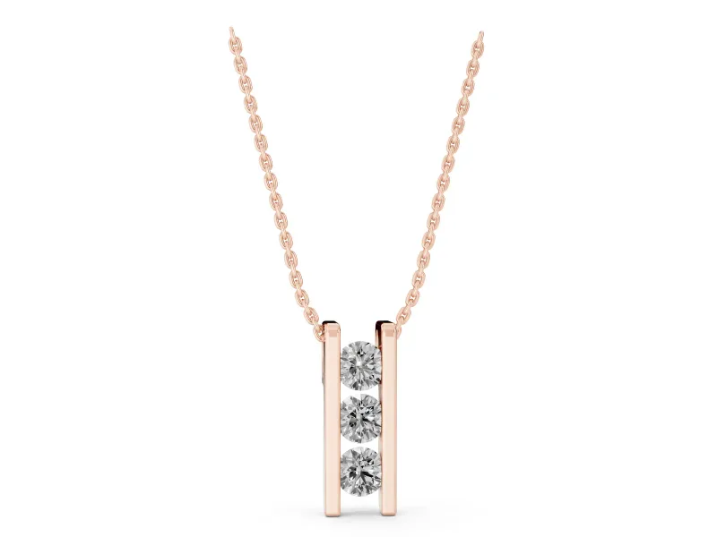 Round Lab-Grown Diamond Three-Stone Channel Set Bar Pendant | Squared Ends | Rose Gold