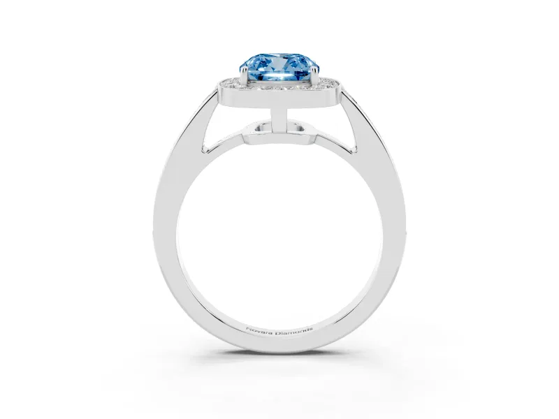 Fancy Blue Cushion Cut Diamond Halo Pavé Engagement Ring Set in Silver with Bezel Setting