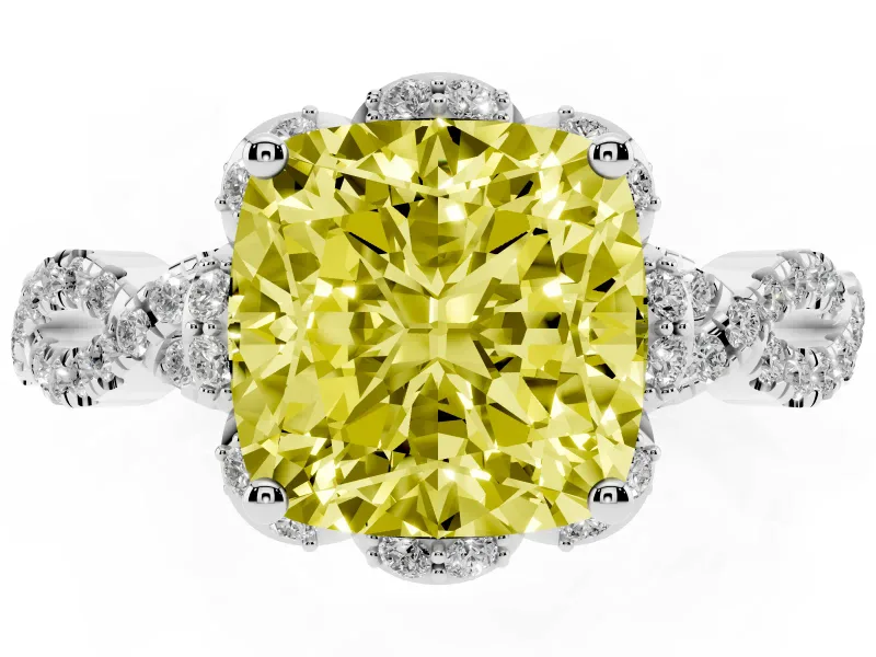 Fancy Yellow Cushion Cut Diamond Halo Twist Band Solitaire Ring Set in White gold with Prong-Set Center Stone