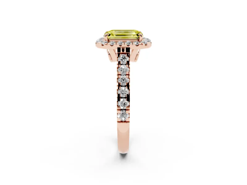 Emerald Cut Accented Halo Engagement Ring Setting for a Fancy Yellow Lab-Grown Diamond | Rose Gold