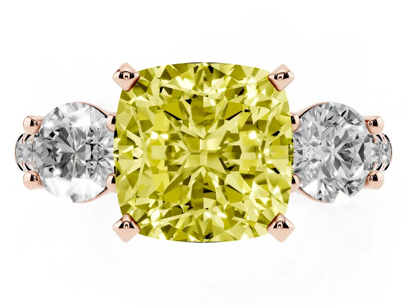 Cushion Cut Three-Stone Engagement Ring Setting for a Fancy Yellow Lab-Grown Diamond | Rose Gold