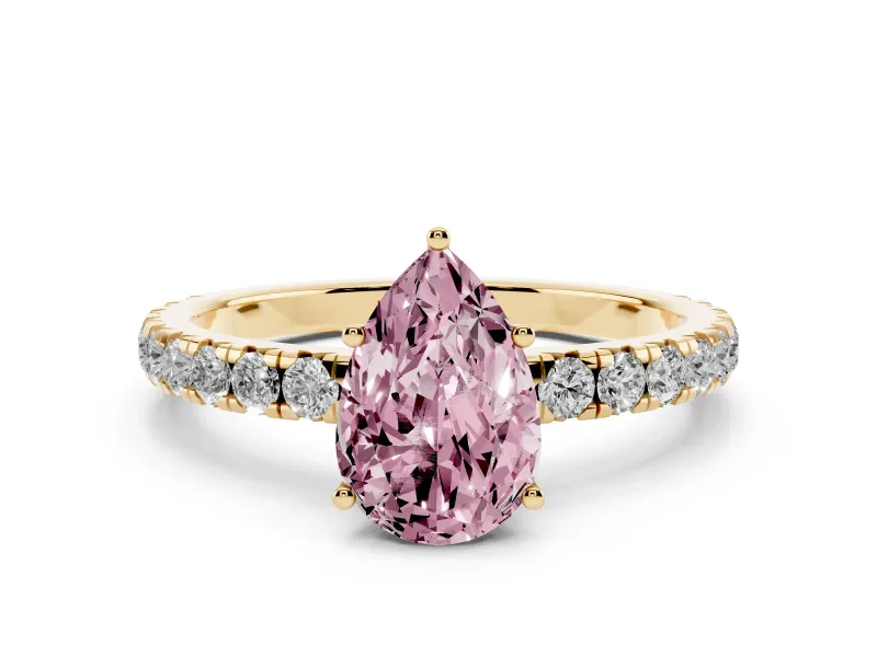 Fancy Pink Pear Cut Diamond Pavé Solitaire Engagement Ring Set in Yellow gold with Prong Setting