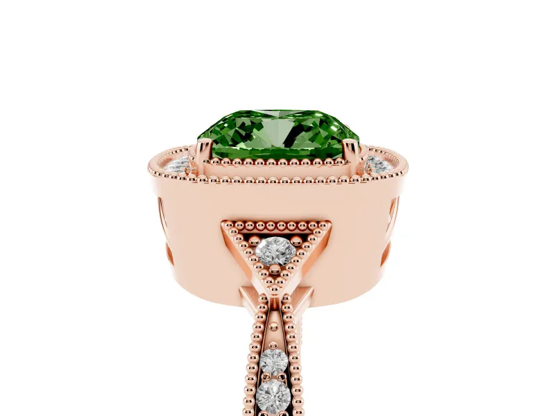 Cushion Cut Milgrain Halo Engagement Ring Setting for a Fancy Green Lab-Grown Diamond | Graduated Pavé | Rose Gold