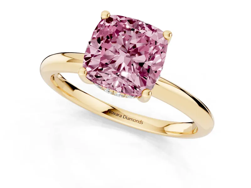 Fancy Pink Cushion Cut Diamond Solitaire Engagement Ring Set in Yellow gold with Prong Setting and Polished Band