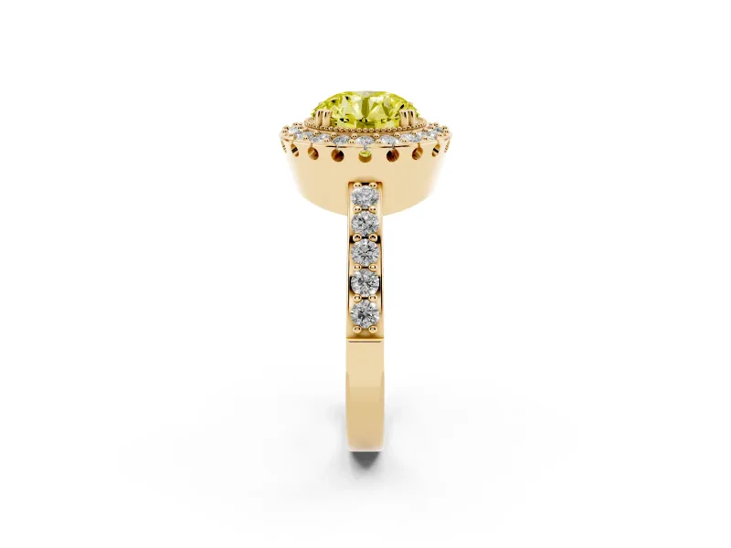 Round Vintage Milgrain Halo Engagement Ring Setting for a Fancy Yellow Lab-Grown Diamond | Pierced Gallery | Yellow Gold