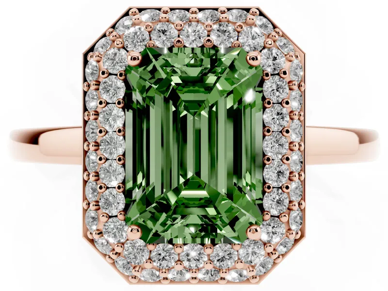 Fancy Green Emerald Cut Diamond Halo Engagement Ring Set in Rose gold with Solitaire Band and Prong Setting