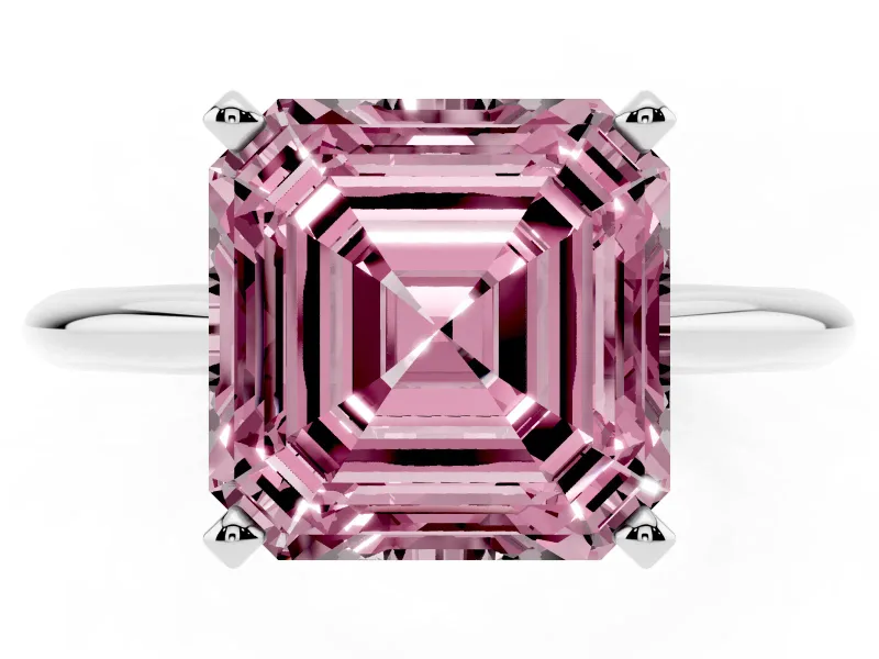 Fancy Pink Asscher Cut Diamond Solitaire Ring Set in White gold with Prong Setting on a Plain Round Band