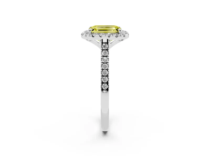 Emerald Cut Halo Engagement Ring Setting for a Fancy Yellow Lab-Grown Diamond | Tapered Band | Platinum