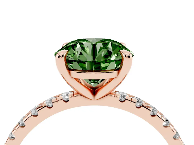 Fancy Green Round Cut Diamond Brilliant Solitaire Ring Set in Rose gold with Pavé Band and Prong Setting
