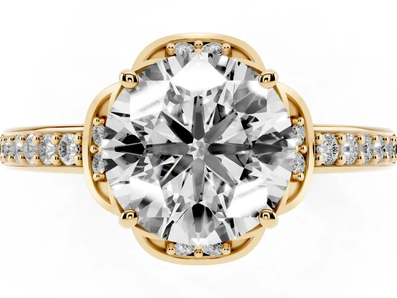 Round Floral Pavé Engagement Ring Setting | Petal Accents | Yellow Gold