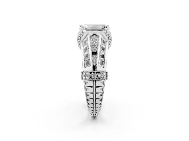 Emerald Cut Diamond Vintage-Inspired Milgrain Ring Set in White gold with Accent Split Shank