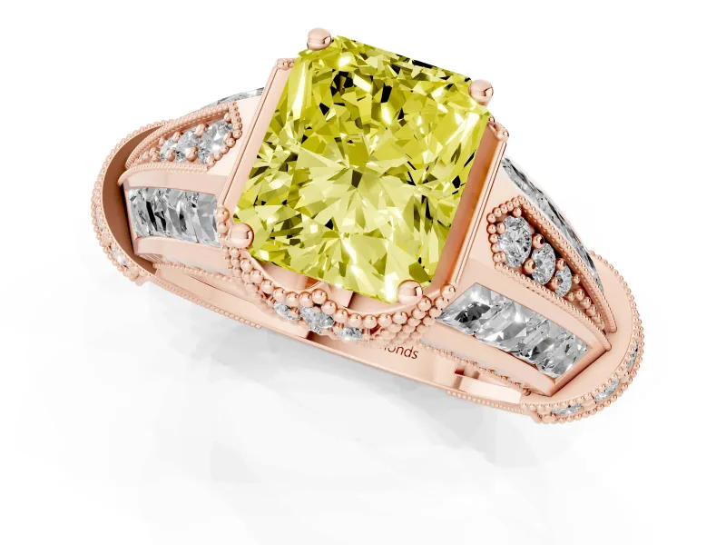 Radiant Cut Vintage Milgrain Engagement Ring Setting for a Fancy Yellow Lab-Grown Diamond | Hidden Halo | Rose Gold