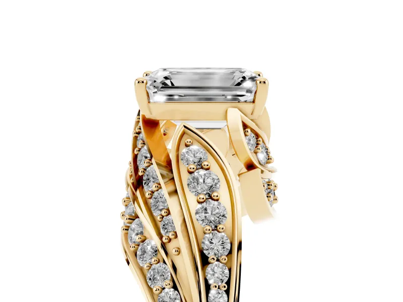 Emerald Cut Bypass Hidden Halo Engagement Ring Setting | Graduated Pavé | Yellow Gold