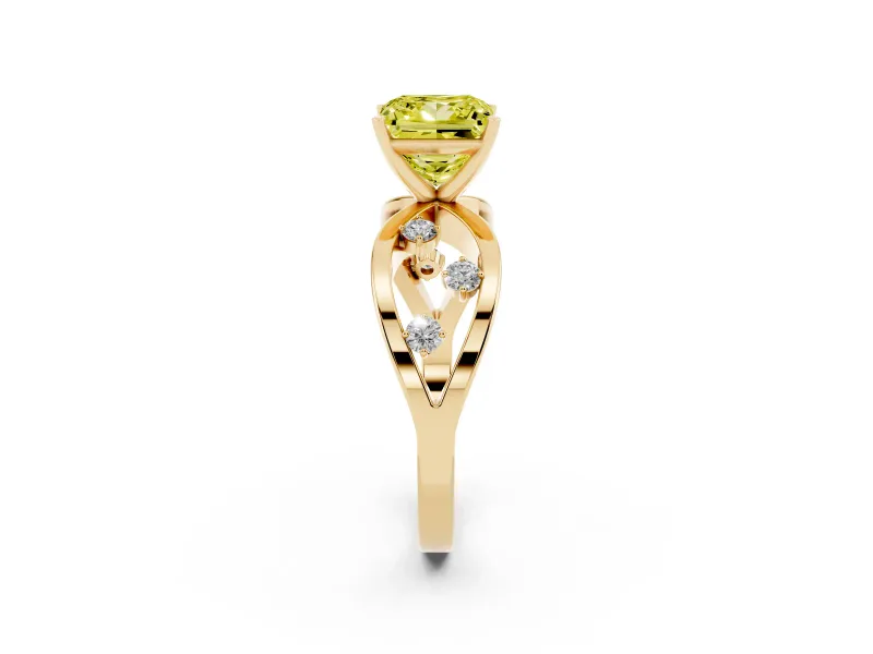 Fancy Yellow Princess Cut Diamond Solitaire Ring Set in Yellow gold with Side Stones on Criss-Cross Band and Prong Setting