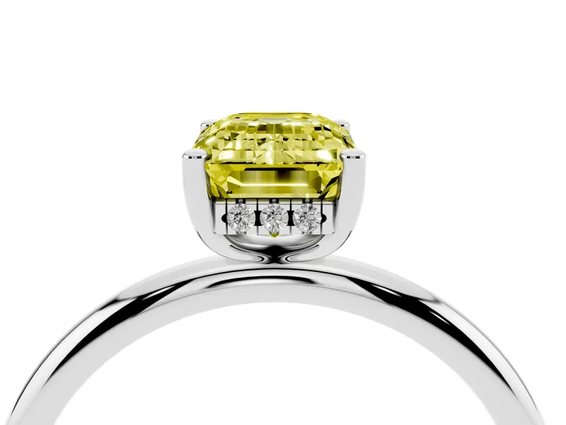 Fancy Yellow Emerald Cut Diamond Solitaire Engagement Ring Set in Platinum with Prong Setting and Polished Band