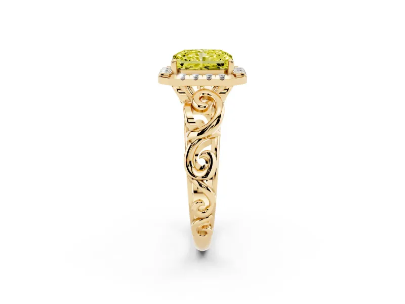 Radiant Cut Filigree Halo Engagement Ring Setting for a Fancy Yellow Lab-Grown Diamond | Yellow Gold