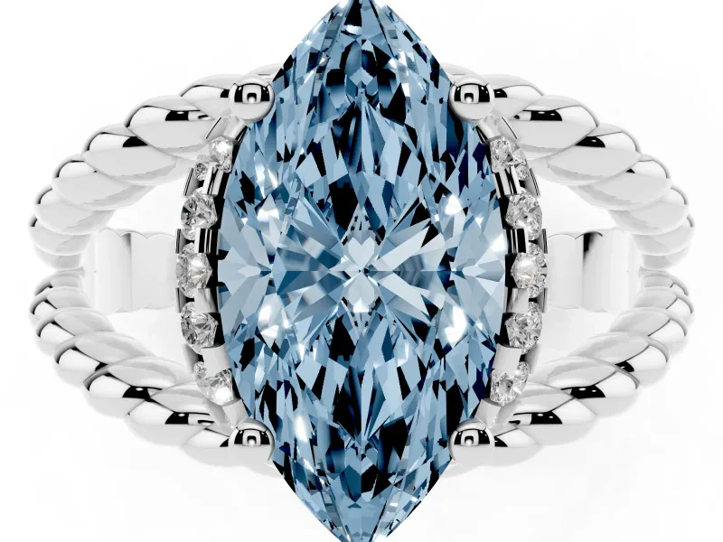 Fancy Blue Marquise Cut Diamond Halo Ring Set in White gold with Twisted Band and Prong Setting
