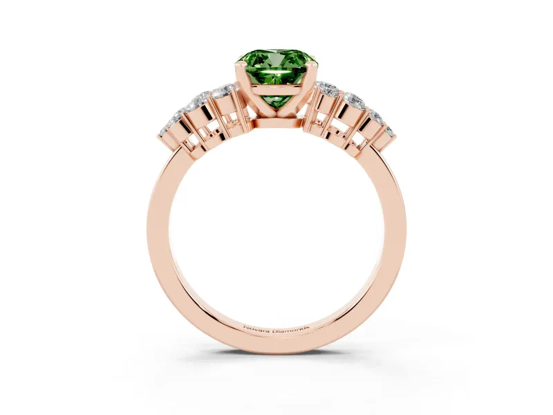 Fancy Green Cushion Cut Diamond Cluster Engagement Ring Set in Rose gold with Pavé Band and Prong Setting