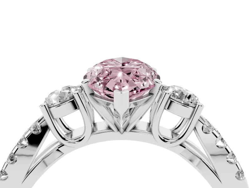 Fancy Pink Marquise Cut Diamond Three-Stone Ring Set in Platinum with Pavé Split Shank and Prong Setting