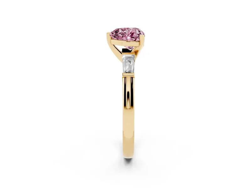 Heart-Shaped Three Stone Engagement Ring Setting for a Fancy Pink Lab-Grown Diamond | Tapered Baguettes | Yellow Gold